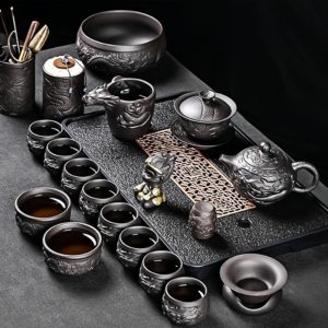Authentic Yixing Purple Clay Year of the Dragon Gongfu Tea Set with Antique Chinese Dragon Carving