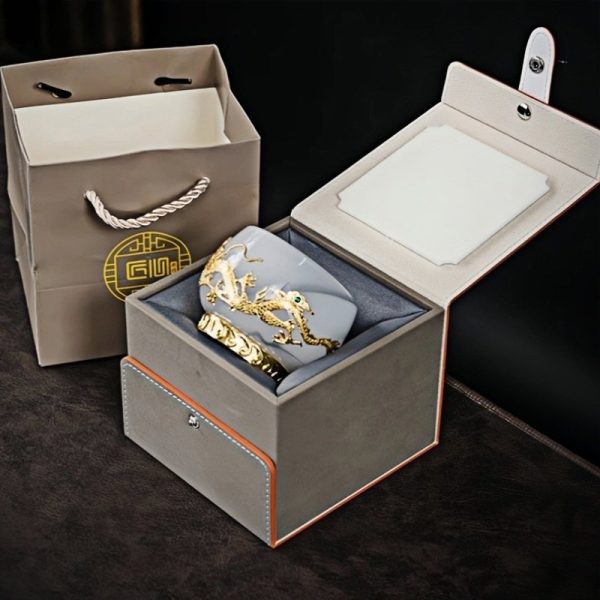 b-21.jpg Ink White Jade Colored Glaze Chinese Chawan Tea Cup Inlaid with Golden Dragon