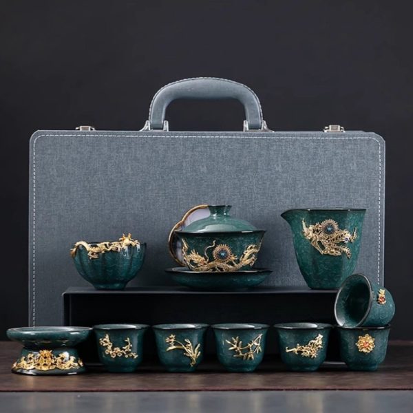 b-46.jpg Luxury Vintage Chinese Green Ice Crackle Glaze Gongfu Tea Pot Set with Gold Inlaid Jade Dragon and Phoenix