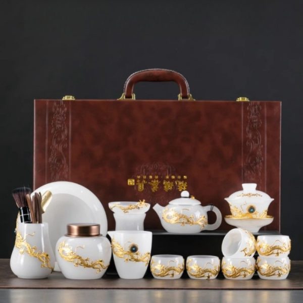 Antique Chinese Colored Glaze Gongfu Tea Set with Gold Inlaid White Jade Dragon and Phoenix Design