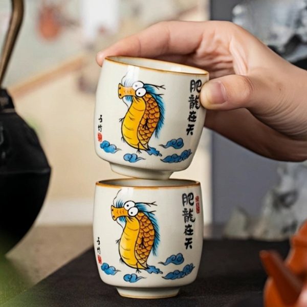 Hand Draw Ugly Cute Fat Dragon Creative Beige Ceramic Kung Fu Tea Cup
