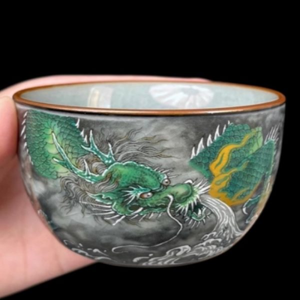 c-6-1.jpg Hand Drawn Porcelain Ink Color Green Dragon Kung Fu Tea Cup