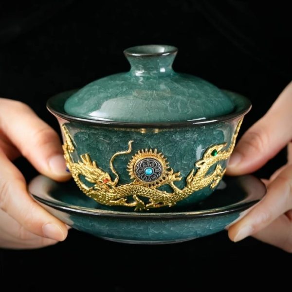 d-43.jpg Luxury Vintage Chinese Green Ice Crackle Glaze Gongfu Tea Pot Set with Gold Inlaid Jade Dragon and Phoenix