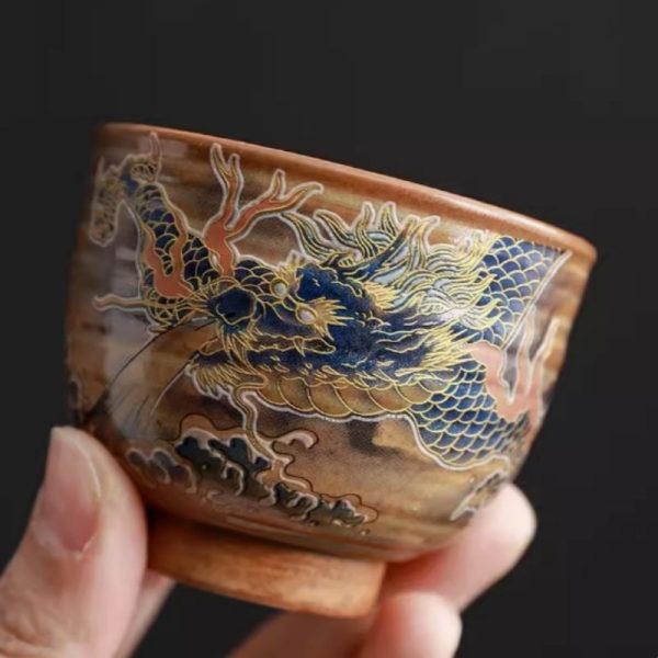 d-8-1.jpg Year of The Dragon Hand Painted Ceramic Tea Cup With Dragon Spraying Water Pattern