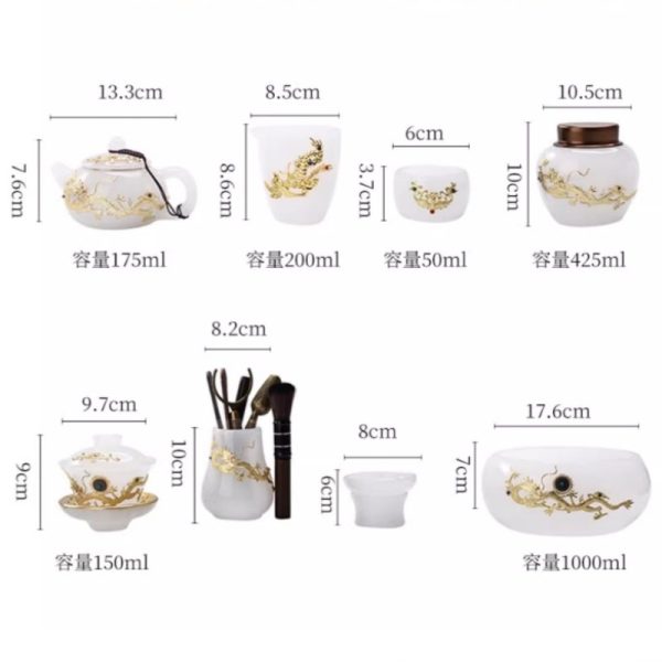 Antique Chinese Colored Glaze Gongfu Tea Set with Gold Inlaid White Jade Dragon and Phoenix Design