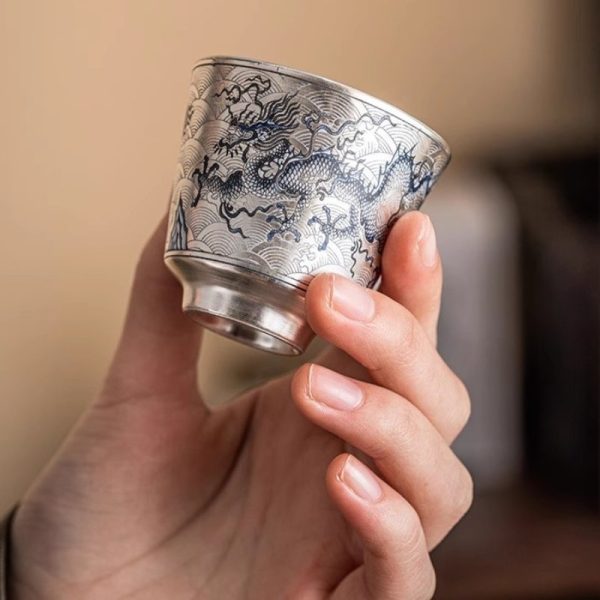 f-1-1.jpg Sterling Silver Glaze Porcelain Hand Painted Chinese Dragon Tea Cup