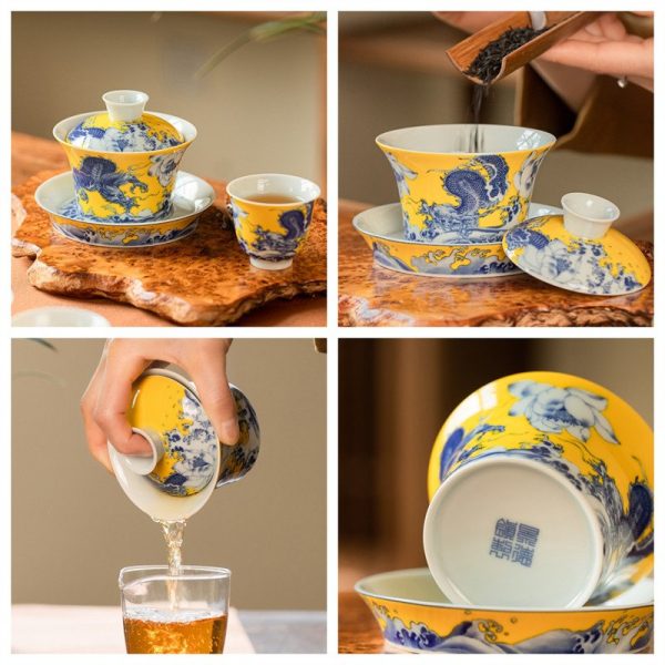 Best Jingdezhen Royal Painted Dragon Porcelain Antique Chinese Gaiwan Tea Set