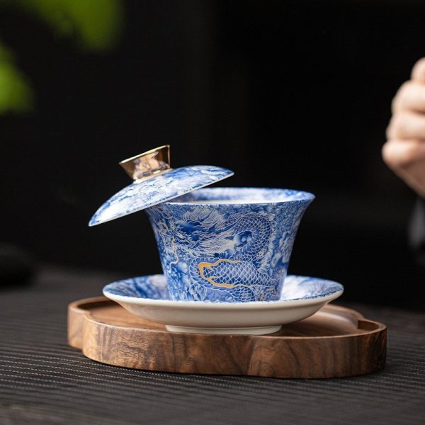 Chinese Vintage Classic Dragon Pattern Blue and White Porcelain Gaiwan